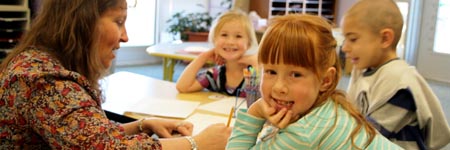 Students working with their teacher.